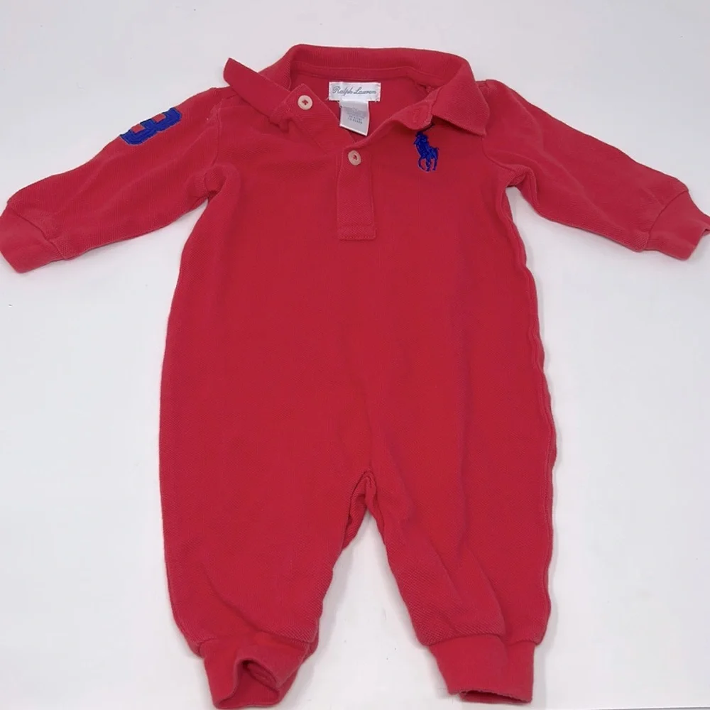 Ralph Lauren Polo Red Long Sleeve Collared Pant Outfit Size 3 Months